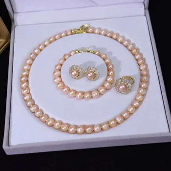 1 компл. пресноводный жемчуг розовый почти круглый 8-9 мм цепочки и ожерелья браслет earrimg кольцо