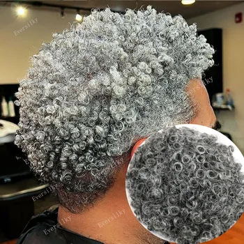 15 мм Вьющиеся Мужские Парики Afro Man Прочный Серый Мужской Парик С Полной Закруглением, Невидимая Тонкая Кожа, Человеческие Волосы, Естественная Линия Роста Волос, Системный Блок