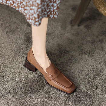 2023 г., новые весенние женские туфли-лодочки из натуральной кожи 22-24,5 см, овчина + свиная кожа, винтажные лоферы с квадратным носком, женская обувь