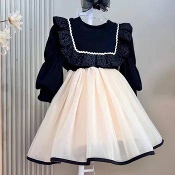 2023, цельное плюшевое платье для девочек, осенне-зимнее новое платье, сетчатое модное теплое мягкое платье принцессы на открытом воздухе