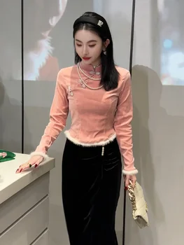 2024 новый свитер в стиле пэчворк в китайском стиле со стоячим вырезом и длинными рукавами для женщин, осенний повседневный топ с пуговицами в стиле ретро