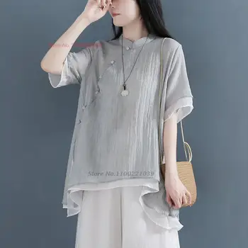 2024 традиционная китайская винтажная свободная блузка женская этническая рубашка дзен национальная хлопчатобумажная льняная блузка ципао чайный сервиз hanfu blouse