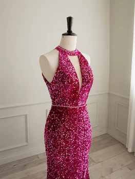 Ashely Alsa Реальное изображение, вечернее платье в стиле русалки цвета Фуксии, сексуальное платье для выпускного вечера с открытой спиной, расшитое блестками, Женская праздничная одежда