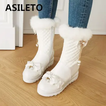 ASILETO/ Зимние ботинки Sweet Girl с круглым носком и увеличенным каблуком 5,5 см, плюшевая теплая обувь на молнии с бантом, металлическое украшение, большие размеры 42 43