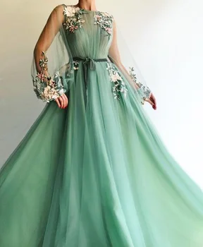 Ciynsia Vestidos De Gala Illusion, вечерние платья для выпускного вечера с длинным рукавом, тюлевые аппликации трапециевидной формы, кружевное мятно-зеленое вечернее платье
