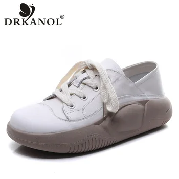 DRKANOL/ Модные женские кроссовки 2023, Весна-лето, повседневные кроссовки из натуральной кожи на толстой платформе со шнуровкой, женская комфортная обувь