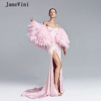 JaneVini 2020, Дубайский Дизайн, Длинные Платья Русалки с Перьями, Расклешенные Рукава, Сексуальное Атласное Женское Вечернее Платье Без Бретелек с Высоким Разрезом