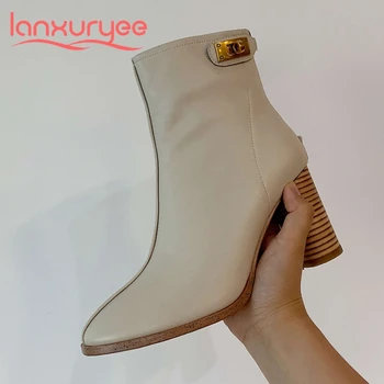Lanxuryee/ зимняя обувь из натуральной кожи с круглым носком на высоком каблуке в европейском стиле, офисная женская повседневная обувь, простые однотонные ботильоны L73
