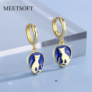 MEETSOFT Прекрасные серьги-кольца из стерлингового серебра 925 пробы с геометрическим рисунком кошечки и голубой эмалью, пряжка для женщин, шикарные ювелирные изделия, прямая поставка
