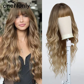 OneNonly Омбре Светло-коричневый синтетический парик Длинные Волнистые парики с челкой Для ежедневных косплей вечеринок С использованием термостойкого волокна для женщин
