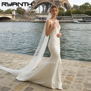 Ryanth 2024 Элегантное Атласное Свадебное Платье Русалки Без Рукавов Для Женщин На Простых Бретельках С Глубоким V-образным Вырезом И Открытой Спиной Robe De Mariée