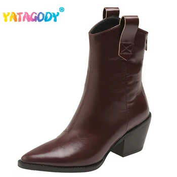 YATAGODY Размеры 33-45, Женские ботинки в западном стиле, Модная женская обувь на толстом каблуке с острым носком, ботильоны, повседневные ковбойские ботинки