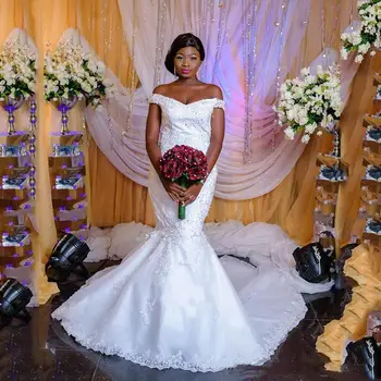 Африканские кружевные свадебные платья Русалки с открытыми плечами, аппликации из бисера, шлейф из тюля, свадебные платья плюс размер