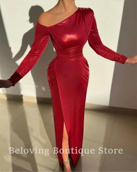 Блестящие красные вечерние платья с длинными рукавами, современное платье знаменитостей в стиле русалки с разрезом сбоку, вечернее платье от Dubai Couture, вечернее платье для вечеринок