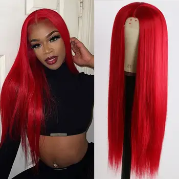 Бордово-винно-красные парики с длинными прямыми синтетическими волосами для женщин 13x3 Натуральных черных парика для косплея на Хэллоуин, Повседневные термостойкие