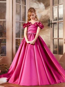 Великолепное атласное платье с короткими рукавами и пушистой наклейкой для девочек в цветочек, платья принцессы для первого причастия, детский подарок-сюрприз на день рождения