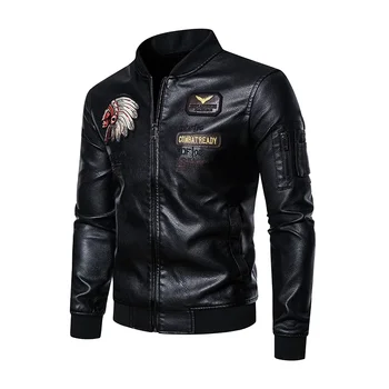 Весенне-осенняя кожаная куртка, мужская повседневная мотоциклетная кожаная куртка с индийской вышивкой, байкерская куртка M-4XL
