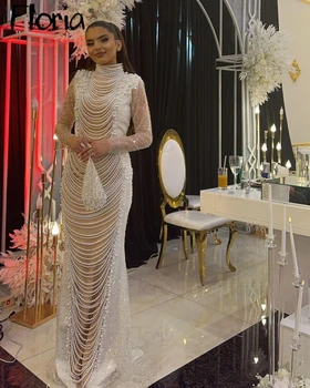 Вечернее платье цвета слоновой кости с жемчугом и длинным рукавом, Дубай, современное праздничное платье арабской невесты, вечерние платья знаменитостей длиной до пола