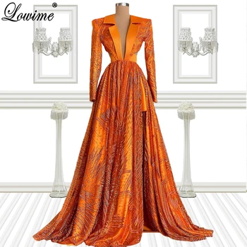 Вечерние платья с оранжевым блеском и длинными рукавами, вечерние платья трапециевидной формы с глубоким V-образным вырезом, Платья знаменитостей Ближнего Востока 2022, Вечерние платья Du Soir
