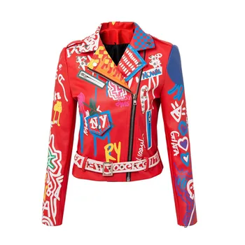 Взрослая женская Красная кожаная куртка, Уличная одежда для выступлений певицы рок-группы, панк-пальто с заклепками и граффити