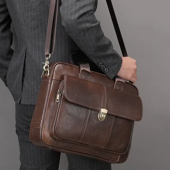 Высококачественная сумка для ноутбука Genune из коровьей кожи 14 дюймов для мужчин, брендовый ретро большой портфель, мужские дорожные сумки через плечо, рабочая сумка