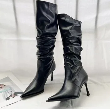 Женская обувь 2023, Высококачественные женские ботинки без застежки, Модные Плиссированные офисные и карьерные Пикантные сапоги до колена с острым носком, Zapatos
