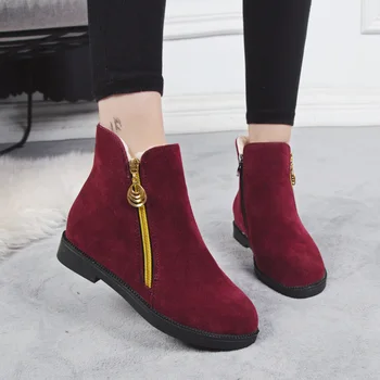 Женские ботинки на молнии, теплые короткие зимние женские ботинки из плюша, модные женские ботильоны на платформе, женские красные туфли на плоской подошве, женская обувь