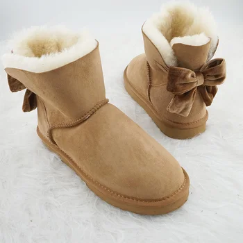 Женские ботинки с большим бантом, зимние ботинки из натуральной овчины, модные ботильоны из 100% натурального меха, теплые шерстяные зимние ботинки, обувь
