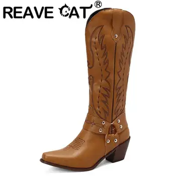 Женские сапоги до колена REAVE CAT длиной 32 см, сапоги в западном стиле с квадратным носком, на массивном каблуке 6 см, без застежки, с металлической вышивкой, большие размеры 35-48