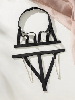 Женский комплект сексуального нижнего белья с черной цепочкой, сшитый для горячих девушек