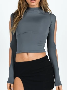 Женский сексуальный укороченный топ с вырезом и длинным рукавом, однотонная базовая рубашка Slim Fit с открытыми плечами, весенне-осенние повседневные футболки, уличная одежда Y2k