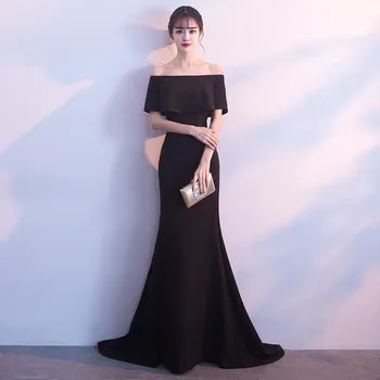 Женское вечернее платье на одно плечо 2020, новое женское черное платье для банкета, сексуальное, тонкое, для похудения, рыбий хвост, длинная секция.