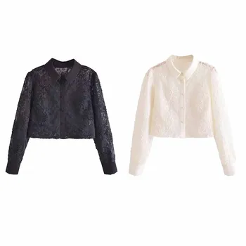Женское модное двухцветное пальто в стиле рубашки с выпуклым цветком 2023 года, короткая рубашка в стиле ретро с длинными рукавами, шикарный топ