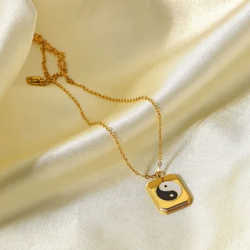 Женское ожерелье из нержавеющей стали с 18-каратным позолотой, черно-белое, с масляными каплями инь и Ян, квадратные модные украшения