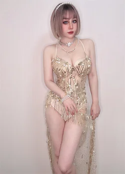 Женское трико с блестящими стразами и бахромой, сексуальный сетчатый прозрачный танцевальный костюм, одежда для сцены, клубный наряд