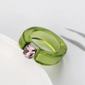 Зеленое Прозрачное акриловое кольцо из смолы, простые Геометрические круглые кольца со стразами для женщин, модные ювелирные изделия