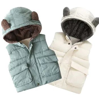 Зимняя детская одежда Теплый пуховик из плотного флиса с капюшоном для мальчика 1-7 лет, ветрозащитный жилет на молнии с милыми ушками медведя