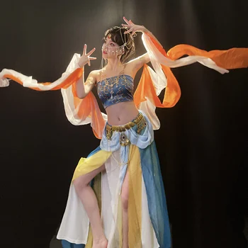 Китайский танцевальный костюм в стиле дуньхуан, женский сказочный сценический костюм, одежда для выступлений танцовщиц