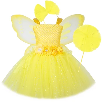 Костюм феи с цветком и бабочкой Детские платья для дня рождения Желтое платье принцессы-пачки Belle для девочек Праздничная одежда на Хэллоуин