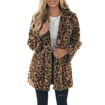 Куртка из искусственного меха с леопардовым принтом, плюшевое пальто для женщин, стильное ветрозащитное пальто средней длины с карманами и лацканами, леопардовый принт