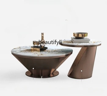 Легкая роскошная каменная плита журнальный столик Комбинированный круглый чайный столик в гостиной Современный минималистичный круглый чайный столик