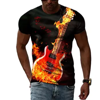 Летние модные футболки с изображением гитары для мужчин, повседневные футболки с 3D-принтом, топы в стиле хип-хоп с круглым вырезом и коротким рукавом