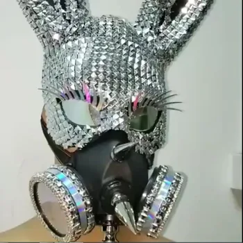 Маска кролика с заклепками и ярким бриллиантом gogo для мужчин и женщин, DJ воротник, танцевальное шоу, косплей-маски