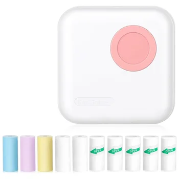 Мини-принтер наклеек Bluetooth термопринтер с 10 рулонами бумаги и наклеек для фотографий, квитанций, заметок, розовый