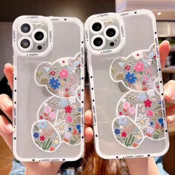 Модный мягкий чехол для телефона с мультяшными цветами и медведем для iPhone 13 14 Pro Max 12 11 X XS XR с прозрачными чехлами