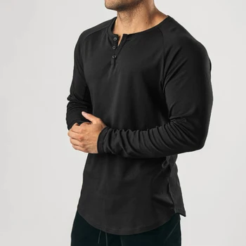Мужская повседневная футболка с длинным рукавом Henley Grandad, однотонная футболка с V-образным вырезом и пуговицами, облегающие спортивные эластичные топы для тренировок