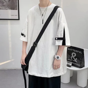 Мужская футболка с коротким рукавом в стиле пэчворк Hit Color Button Fly, летняя модная универсальная одежда оверсайз, черная, белая, стильная уличная одежда