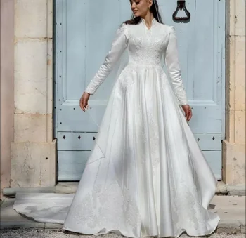 Мусульманские Свадебные Платья С Длинным Рукавом 2023, Новейшие Элегантные Кружевные Аппликации С Высоким Воротом Для Женщин, Свадебные Платья Vestidos De Novia