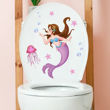 Наклейка на стену с русалкой и медузой - самоклеящийся рисунок на стене для декора туалета и фона ванной комнаты