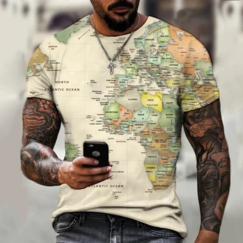 Новая модная мужская футболка с принтом карты мира, уличная мода, Harajuku, круглый вырез, короткий рукав, удобный большой топ